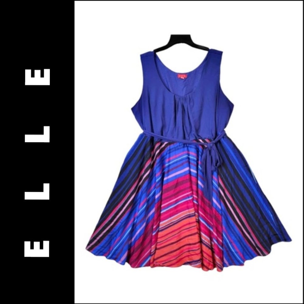 Elle Blue Dress Plus Size 2X Women Sleeveless Fit & Flare Belt